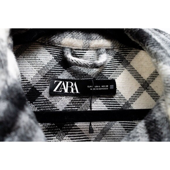 Zara L womens flannel jacket black and white shacket button down - Picture 2 of 5